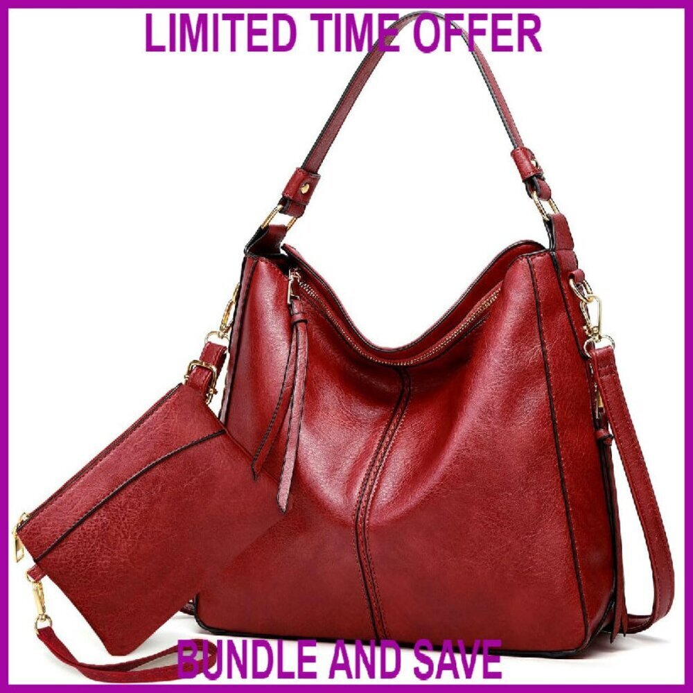 Large Leather Hobo Tote Bag with Wallet Set, Adjustable Strap, Multi-Pocket